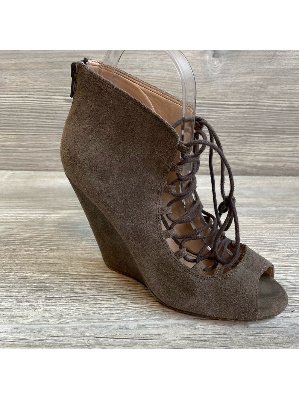 Shoemint Jordane lace up peep toe leather wedge booties size 6.5 zipper heel